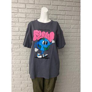 Shein Women Gray Short Sleeve Cartoon & Slogan Graphic T-Shirt Size M